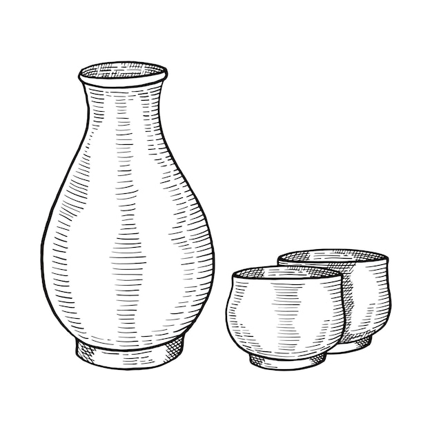 Sake alcohol bottle japan or japanese traditional food doodle hand drawn sketch with outline style