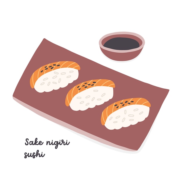 Sake nigiri sushi dish with soy sauce. Traditional Japanese asian food flat illustration on isolated