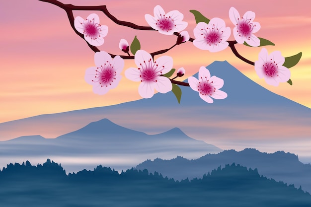 Sakura blossom on the background of Mount Fuji, hanami festival in Japan, vector illustration