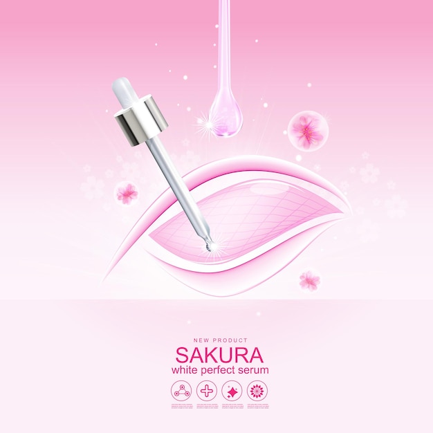 Sakura flower White Perfect Serum or Collagen Vitamin Vector for Skincare Cosmetic Product