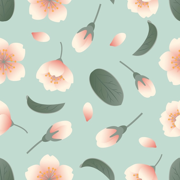 Sakura flowers buds and leaves Seamless pattern Botanical illustration in realistic style cherry blossom Hanami Festival For wallpaper printing on fabric wrapping background