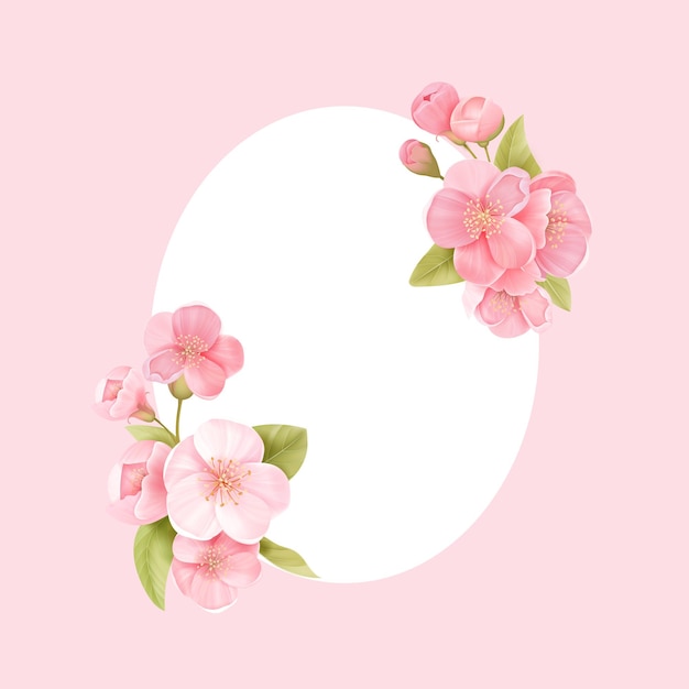 Sakura flowers realistic floral frame banner. Cherry blossom vector wedding card design. Spring flower illustration background, exotic poster template, voucher, brochure, flyer