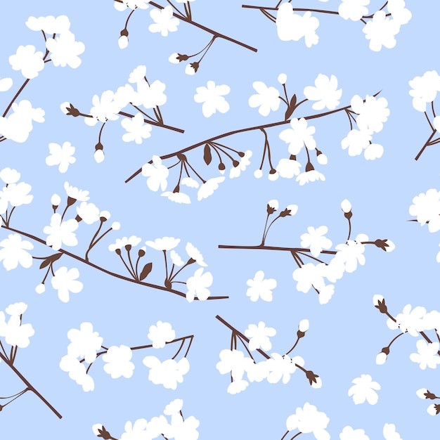 Sakura pattern in Japanese style on a blue background for summer textile with white flowers