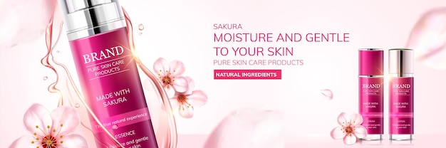 Sakura skin care ads with cherry blossom flying in the air in 3d illustration, light pink background