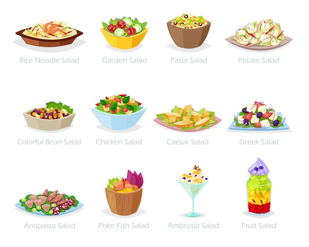 Salad  healthy food with fresh vegetables tomato or potato in salad-bowl or salad-dish for dinner or lunch illustration set of organic meal diet  on white background