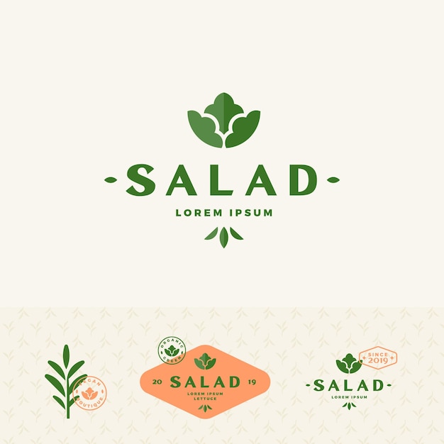 Salad Lorem Boutique Abstract Vector Sign Symbol or Logo Templates Set Premium Lettuce Vegetable or Green Food Emblems with Modern Typography Decorative Elements and Background Pattern