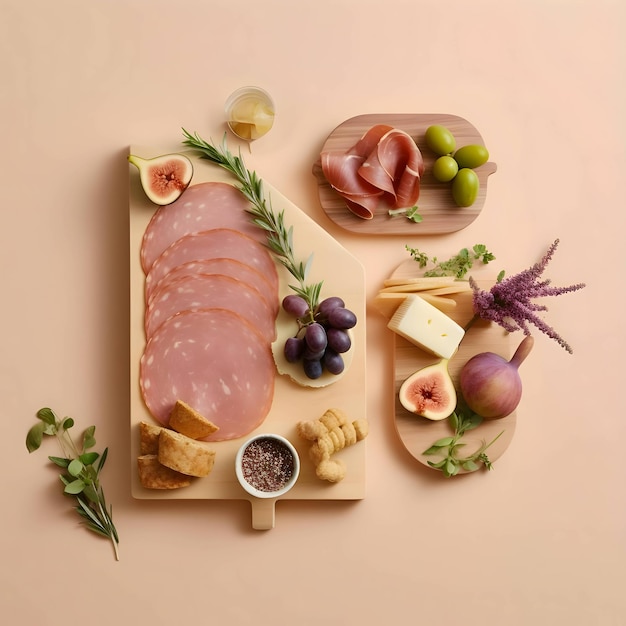 Vector salami butter grapes and other crossovers stacked on kitchen boards top view