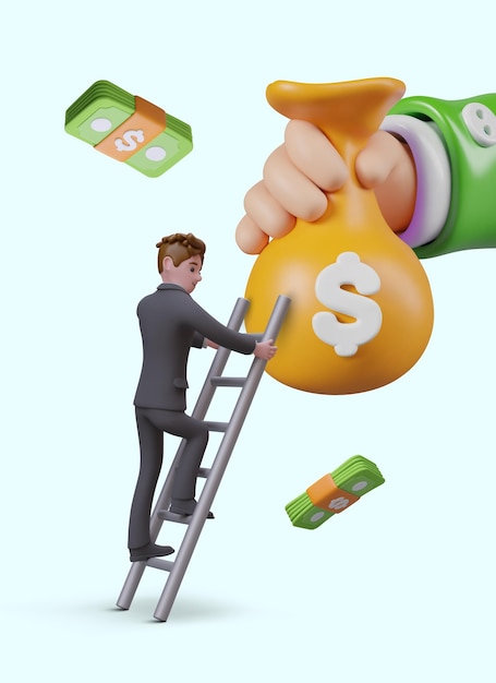 Salary increase 3D male character climbs up ladder to giant bag of money