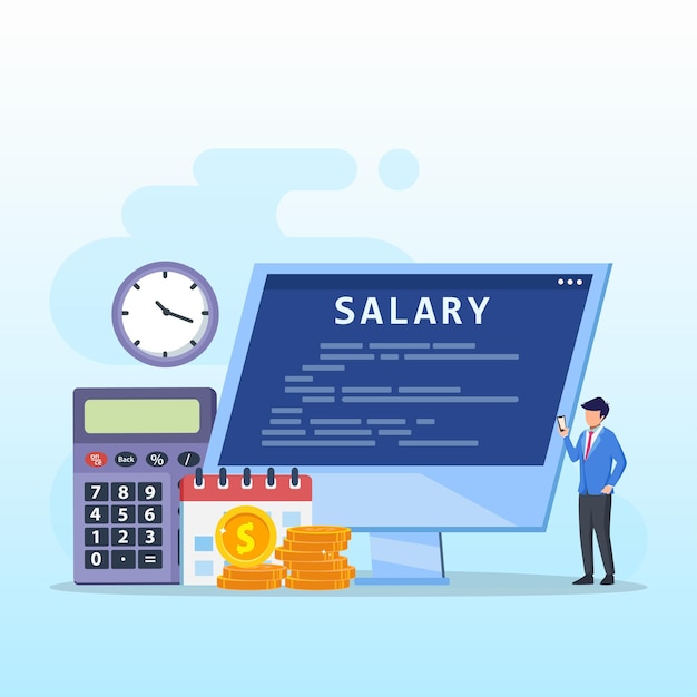 Salary vector concept Male worker and female looking at his salary  while standing with big calendar