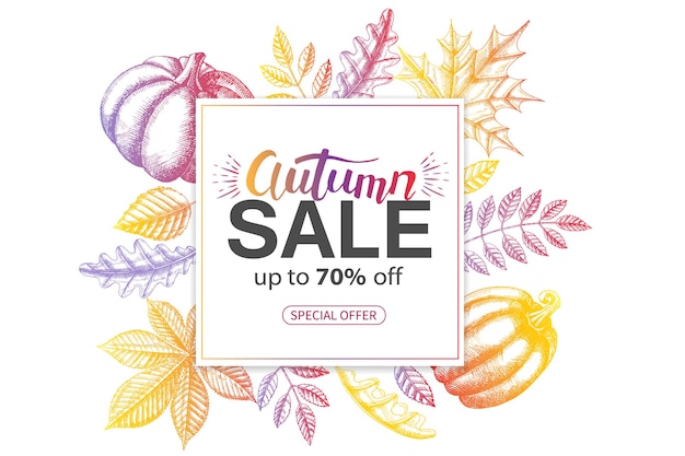  Sale Autumn banner with Hand drawn Hand drawn doodle multicolor leaves. Special Offer.