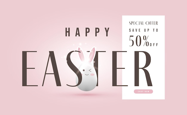 Sale banner happy easter poster with cute egg bunny design 3d vector illustration