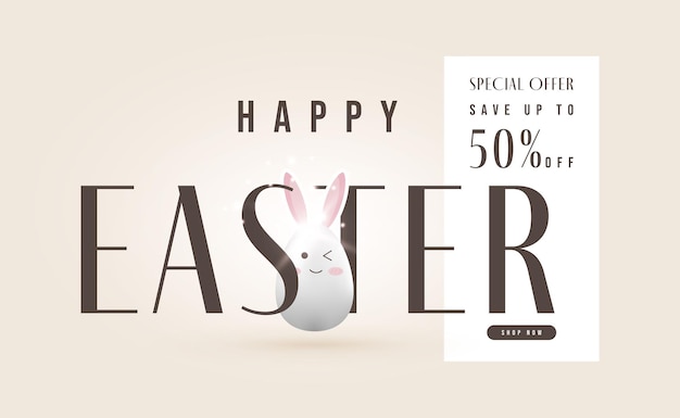 Sale banner happy easter poster with cute egg bunny design 3d vector illustration