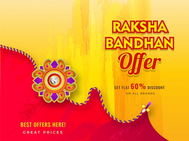 Sale banner or poster design with 60% discount offer and beautiful rakhi (Wristband) for Raksha Bandhan celebration.