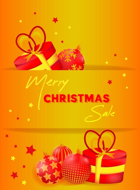 Sale banner with Christmas balls in red and gold colors and gifts