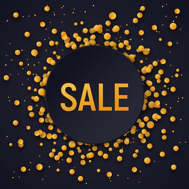 Sale banner with gold confetti on black background