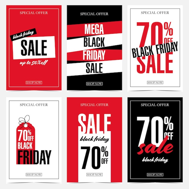 Sale banners set in black white and red colours with discount percentage rebate tag or label