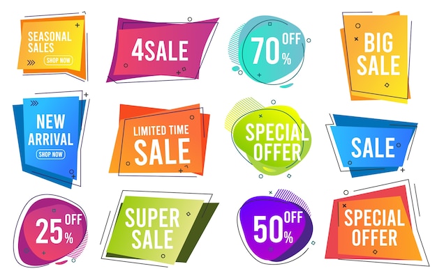 Sale banners. Trendy color modern line banners promo labels drop prices template collection. Sale and price discount, best offer icon illustration