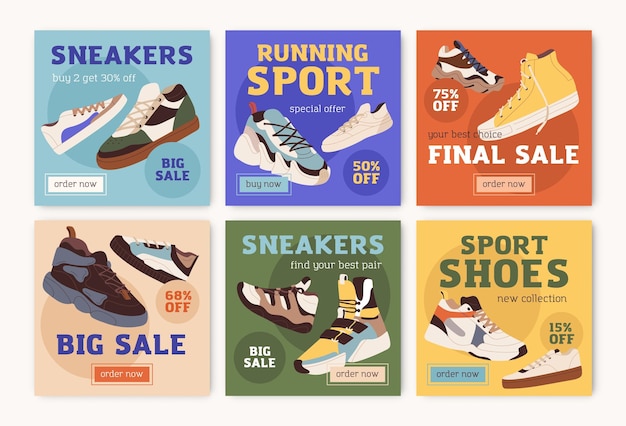 Sale cards designs set for sport store with fashion sneakers, trainers. Square ad backgrounds with shoes discount, price off promotion. Promo templates for gumshoes. Colored flat vector illustrations.