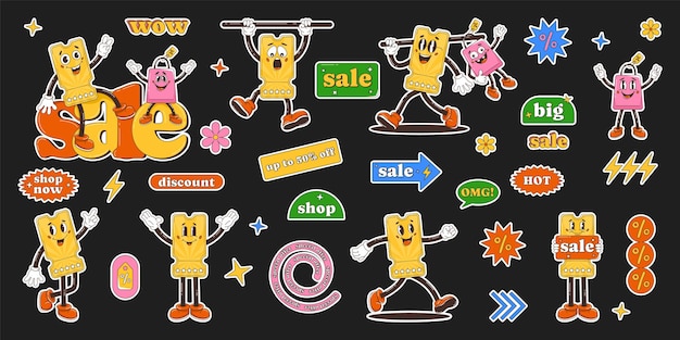 Vector sale coupon retro groovy character stickers gloved hands white outline vector illustration