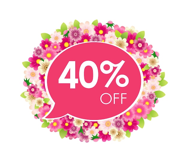 Sale coupon up to 40 percent off discount Creative price label with floral wreath Set of flowers