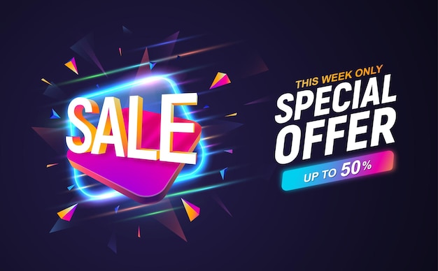 Sale discount banner on dark background advertising vector illustration discount coupon template