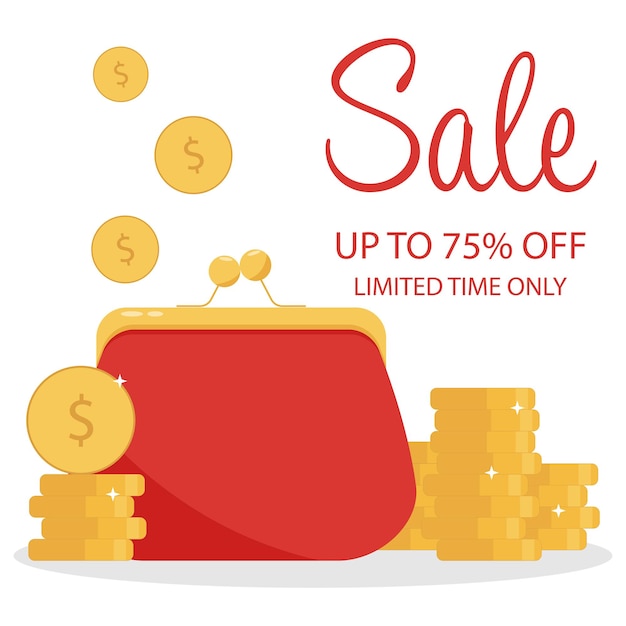 Sale and discount banner with save money concept with gold coins falling into red purse or pouch