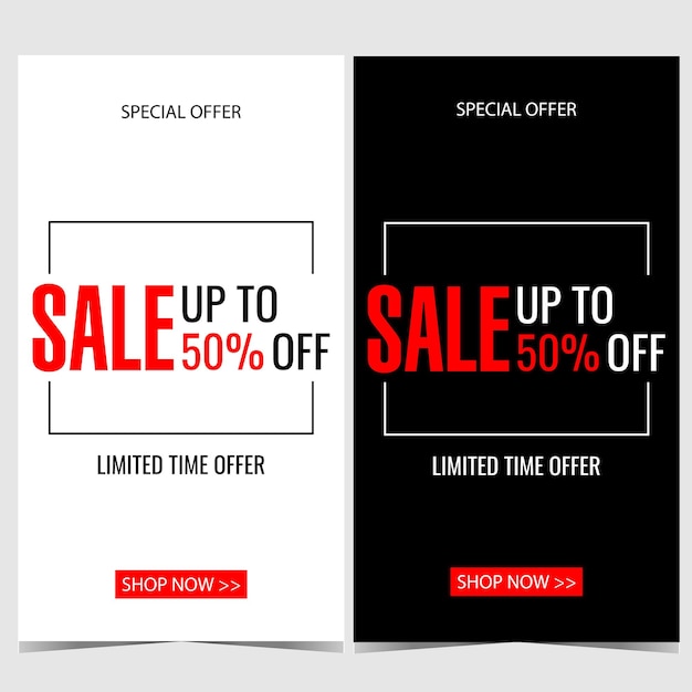 Sale and discount vector banner in minimalist style with red text on white or black background.