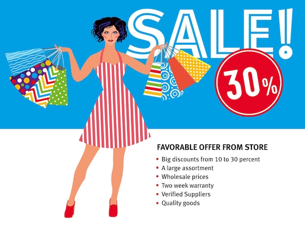 Sale layout Beautiful girl in retro dress holding a lot of packages