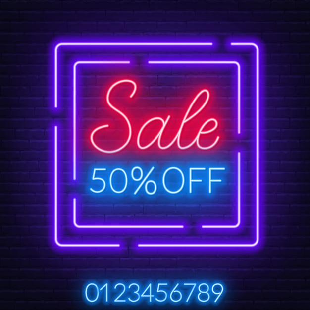 Sale neon sign in a square frame . Offer a discount. Template.