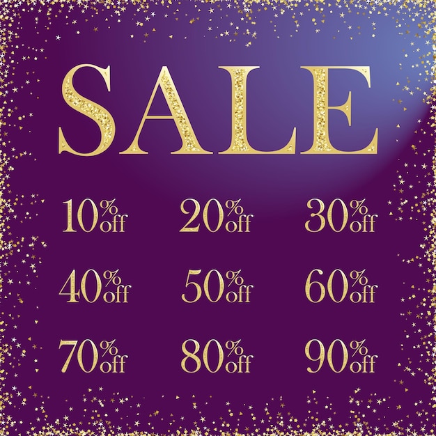 Sale number logotypes. Collection of shining glittering gold signs. Market discounts and background.