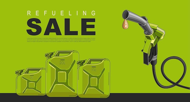 Vector sale poster for gas station with fuelling nozzel and oil canisters in green colour with black