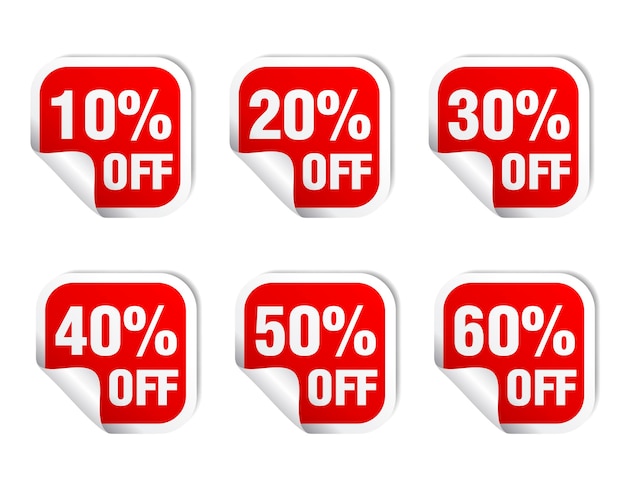 Sale red sticker icon set Sale 10 20 30 40 50 60 off Vector illustration