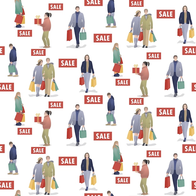 Sale seamless pattern from people with bags after shopping