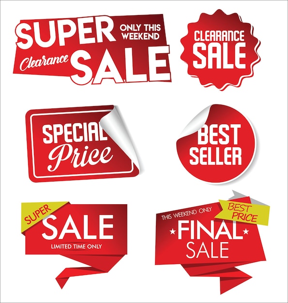 Sale sticker set big collection of red discount tags