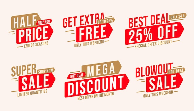 Sale sticker set with mega discount and half price offer. Badge with get extra free, best deal up to 25 percent off