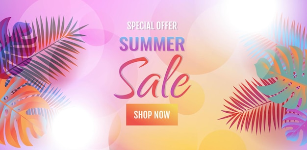 Sale Summer Banner With Bright Palm Leaves With Gradient Mesh, Vector Illustration