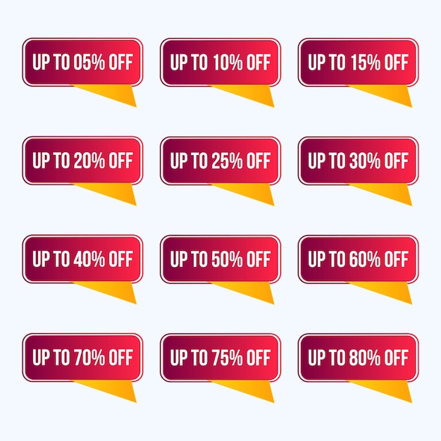 sale tag badge with different discount set. up to 10,15,20,25,30,40,50,60,70,80 percent off