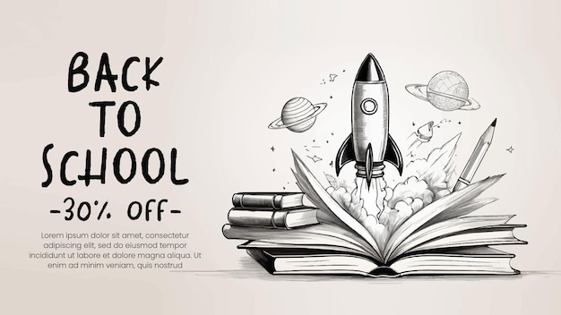 sale web banner for backtoschool event background template with vector sketch illustration