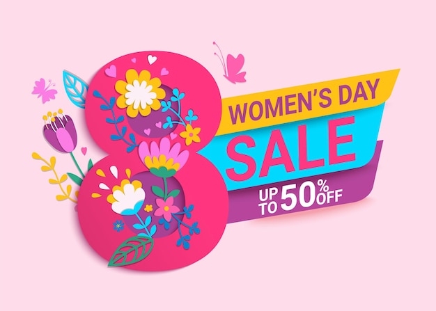 Sale on Womens Day holidayBannerflyer for discounts on March 8 decorating by paper hand drawn flowersbutterfliesPoster with invitation to shoppingTemplate for designVector illustration