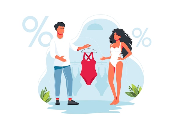 Sales assistant helps the buyer to choose a swimsuit, dress. consultant gives the woman a swimsuit to try on. Shopping, buying trendy fashionable clothes. Vector. Boyfriend or husband buys girl things