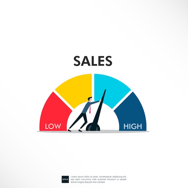 Sales conceptual meter indicate Businessman pushing a needle to high pointing