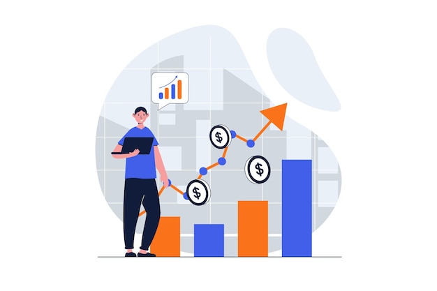 Sales performance web concept with character scene Man analyze financial stock charts and increase profit People situation in flat design Vector illustration for social media marketing material