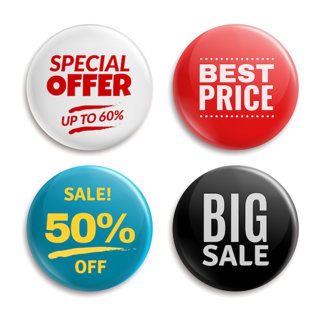 Sales pin. Circled badging button, 3d glossy price tag. Big sale, best price and special offer badge set