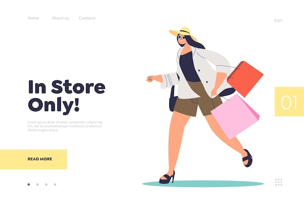 Sales in store concept of landing page with woman with shopping bags running. Cartoon female character in hurry for season sales and discounts. Flat vector illustration