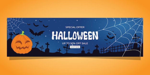 Sales web banner template for Halloween with pumpkins and Spider webs on blue background