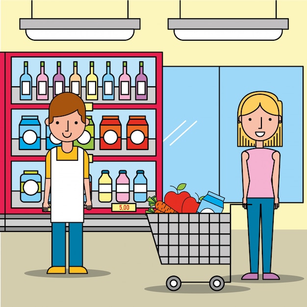 salesman and customer woman with shopping cart in supermarket