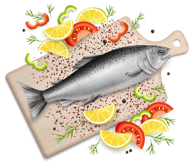 Vector salmon red fish on cutting board vector realistic illustration