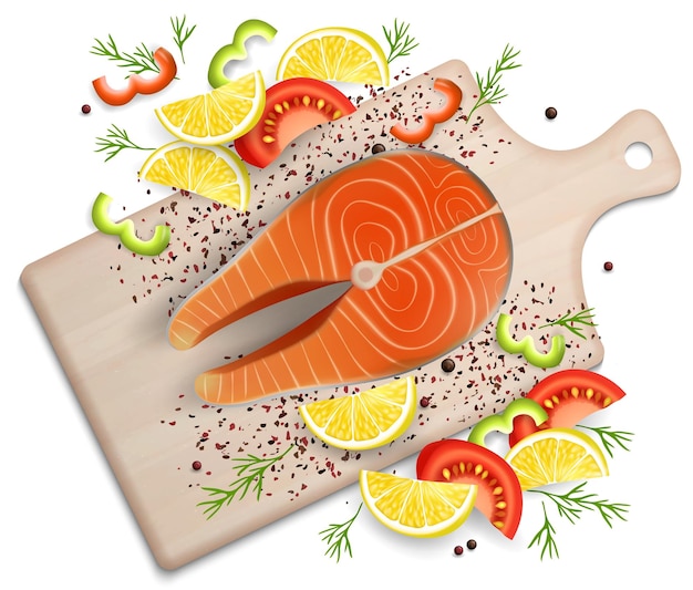 Vector salmon red fish steak on wood cutting board with lemon pepper and tomato slices and spicy herb vector realistic top view illustration fresh seafood cooking composition for menu recipe web banner