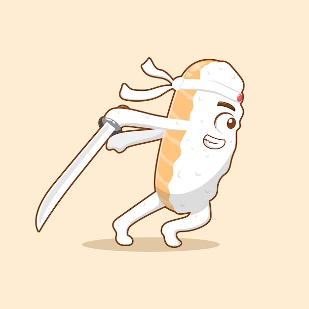 Salmon samurai sushi running cartoon illustration