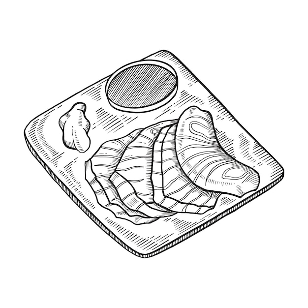 Salmon sashimi dish japan or japanese traditional food doodle hand drawn sketch with outline style